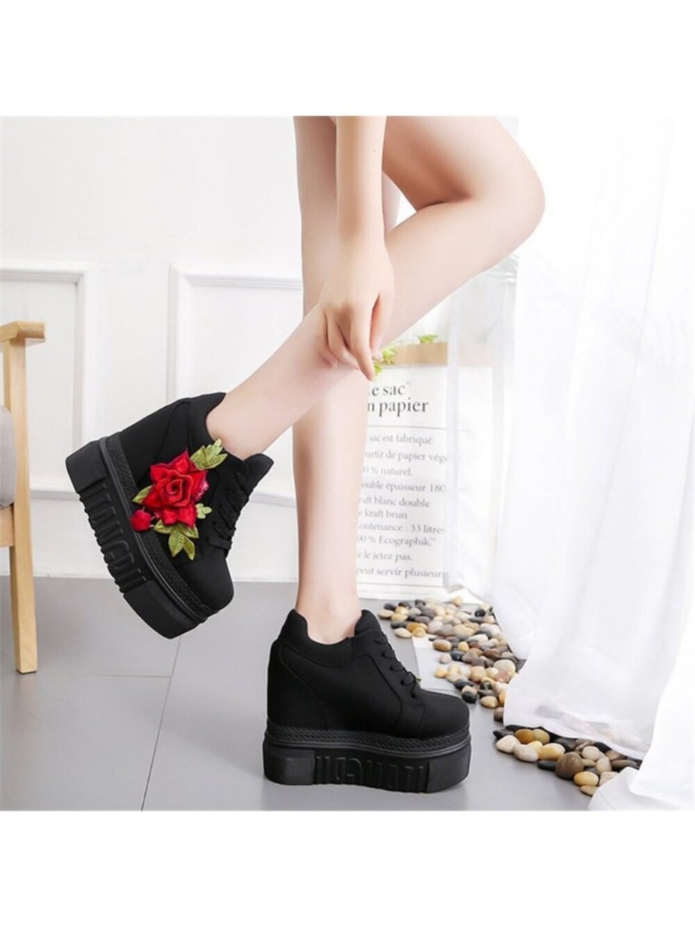 Women's Black Canvas Fabric Rubber Sole High Wedge Heel Brides Wedding Shoes - Picture 3 of 5